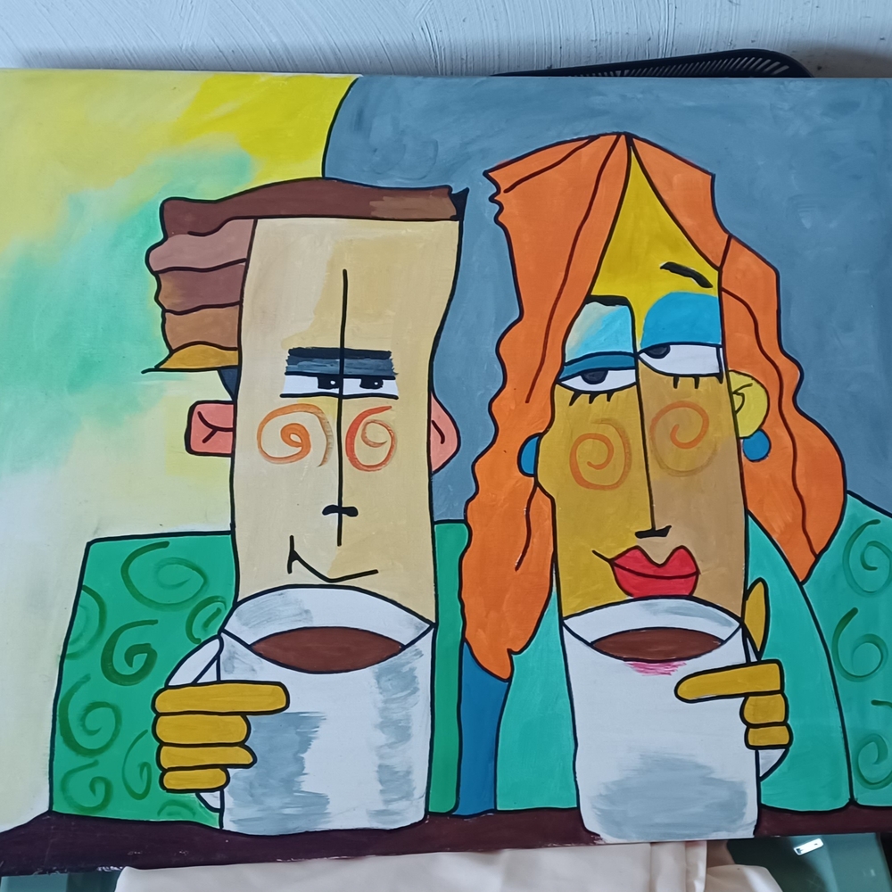 Original Vibrant Couple Coffee Acrylic Painting Original